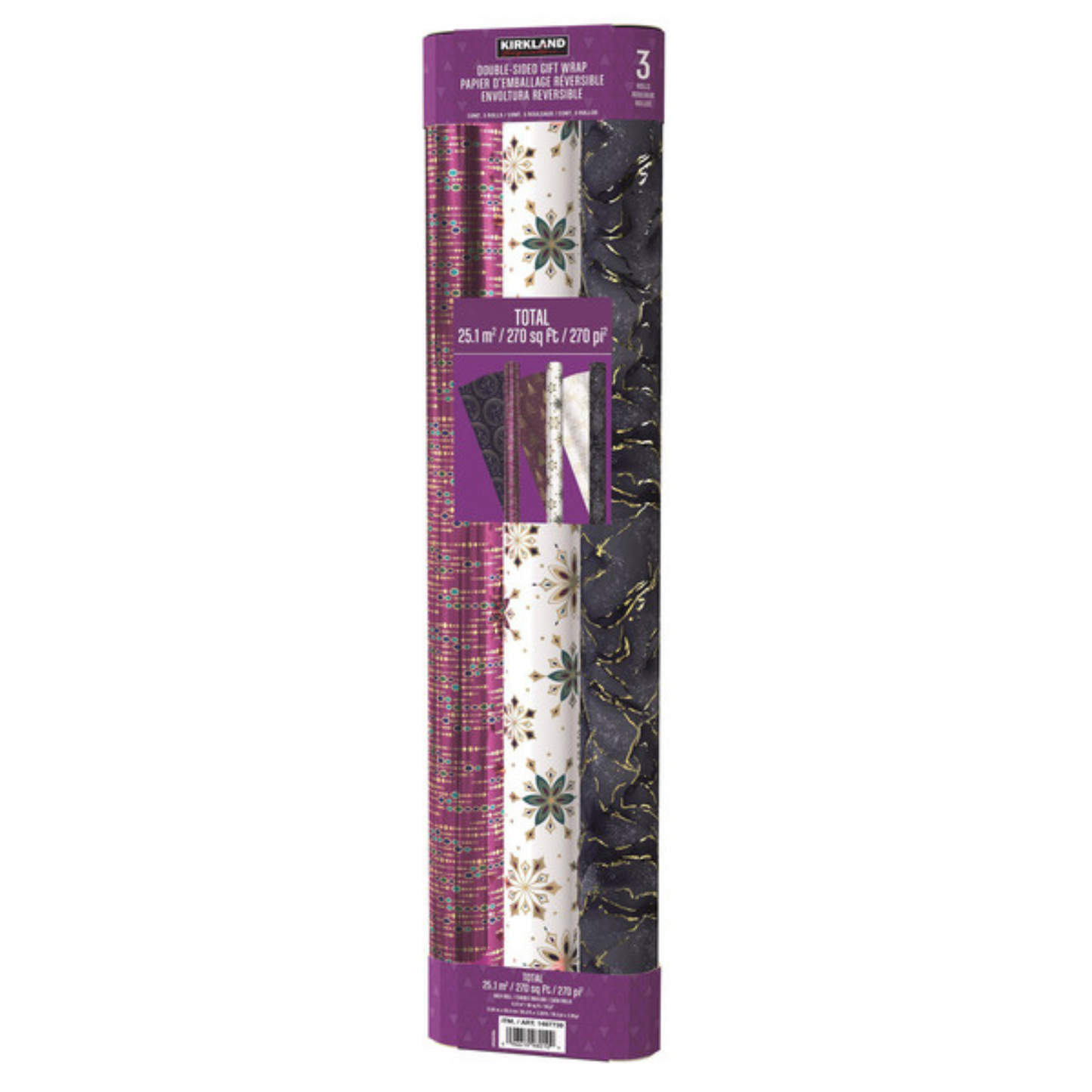 KIRKLAND SIGNATURE - Paquet de 3 Papiers d'Emballage Réversibles-double-sided-gift-wrap-pack-costco-1487739-violet-purple