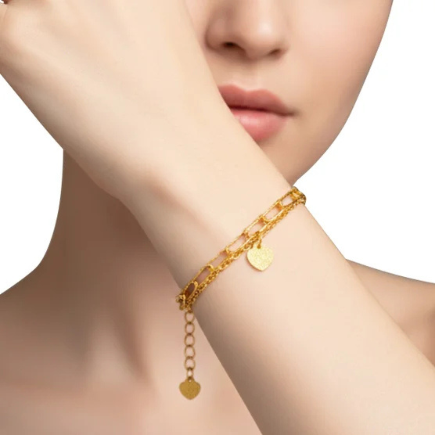 Bracelet à Maillons en Perles et Trombones avec Breloque de Coeur en Or Jaune 24 Carats-24kt-yellow-gold-paperclip-&-bead-bracelet-with-heart-charm-18kt-clasp-costco-1373343-5