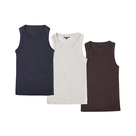 TAHARI - Ensemble de 3 Débardeurs Côtelés en Coton-3-Ribbed-cotton-tank-top-set-Marine-Beige-Brun-Navy-Beige-Brown-2988441