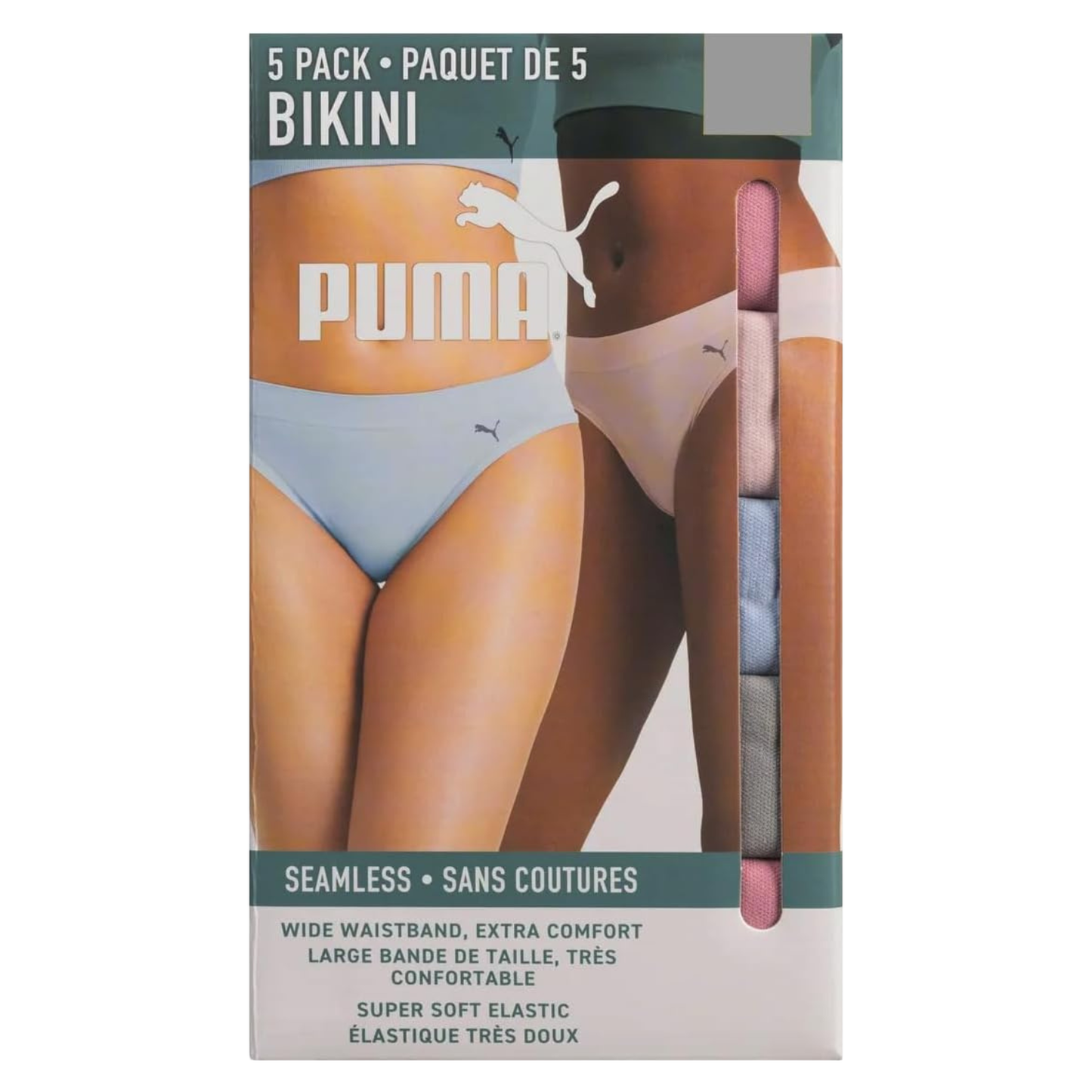 PUMA - Paquet de 5 Culottes Bikini sans coutures pour Femme-Womens-5-Pack-Seamless-underwear-Rose-Bleu-Gris-Pink-Blue-Grey-1938321