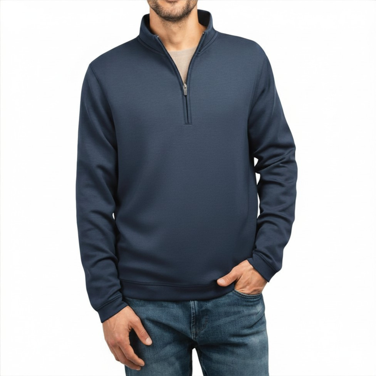 SCOTT BARBER - Chandail à Fermeture Glissière un Quart pour Homme-Mens-1/4-zip-Sweater-Bleu-Marine-Blue-Navy-1947860-1958199