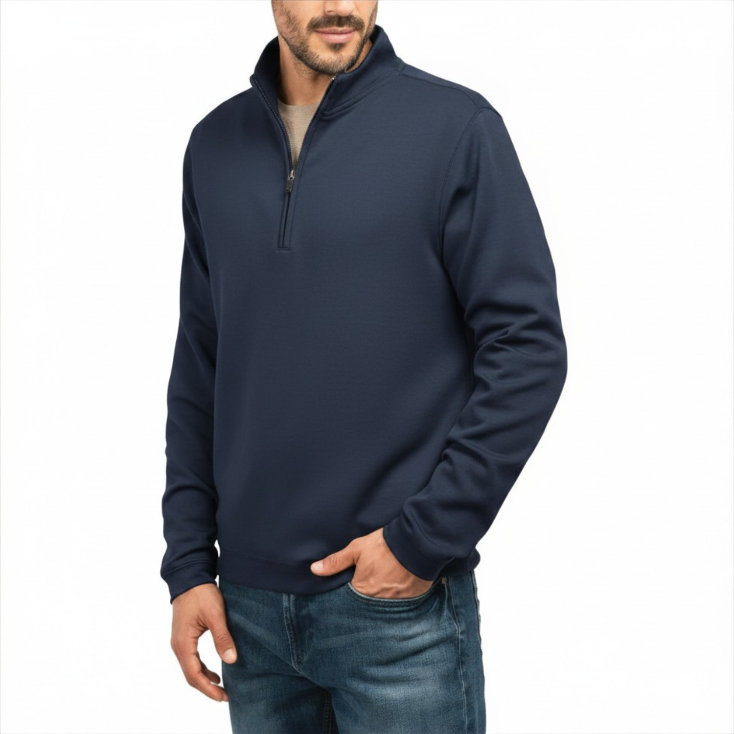 SCOTT BARBER - Chandail à Fermeture Glissière un Quart pour Homme-Mens-1/4-zip-Sweater-Bleu-Marine-Blue-Navy-1947860-1958199