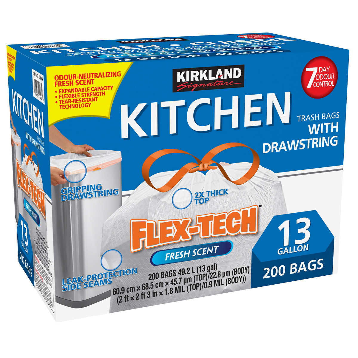 Kirkland-signature-kitchen-trash-bags-drawstring-200-sacs-ordures-cordon-49-litres-cuisine-parfum-frais-fresh-scent
