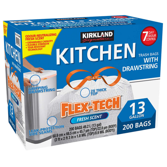 Kirkland-signature-kitchen-trash-bags-drawstring-200-sacs-ordures-cordon-49-litres-cuisine-parfum-frais-fresh-scent